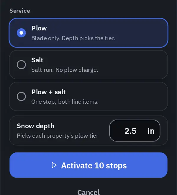 Activate sheet with Plow selected and a snow depth of 2.5 inches