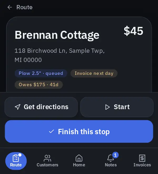 Sample stop with Get directions, Start and Finish this stop buttons