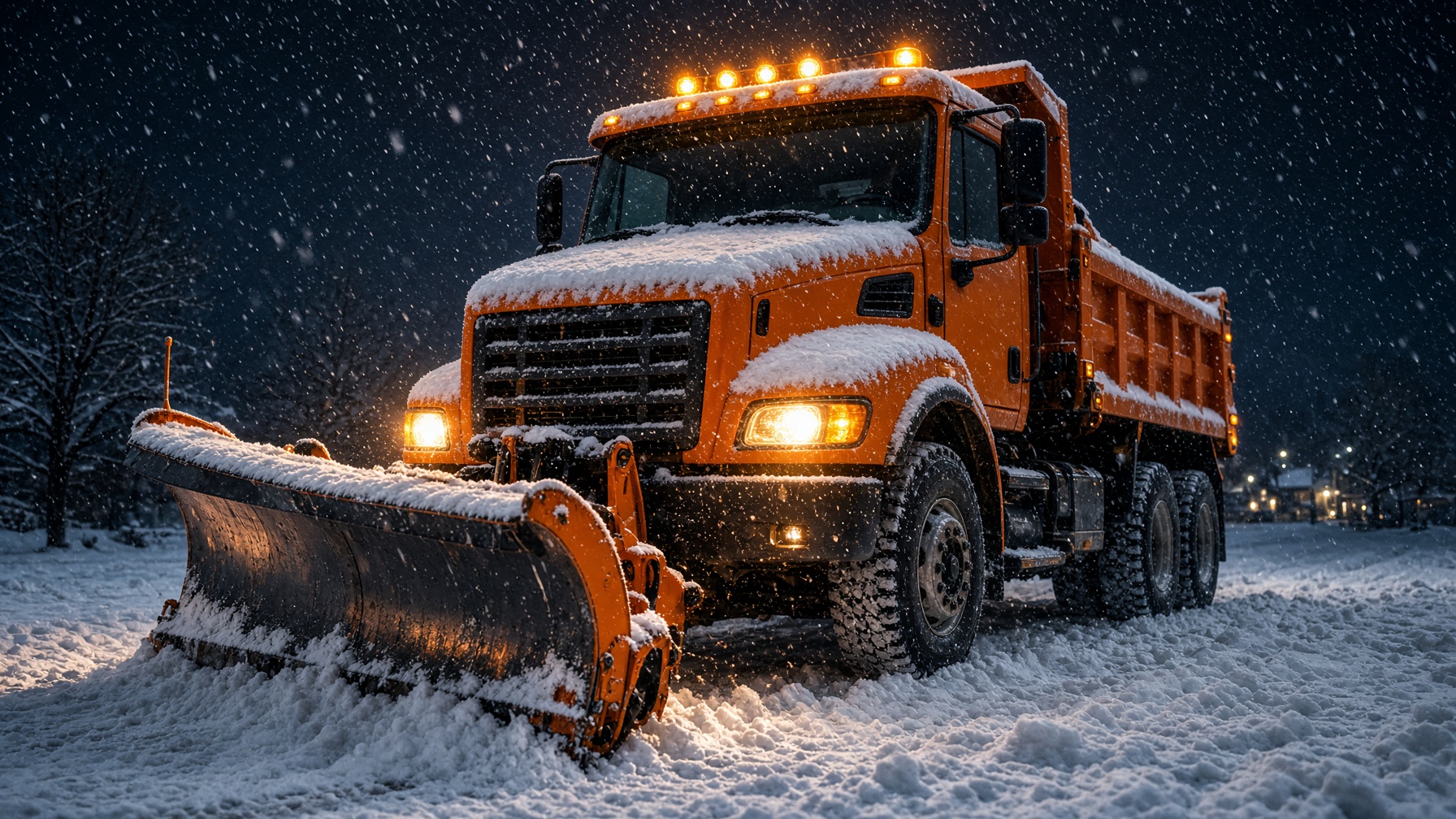 A snowplow truck in a night storm